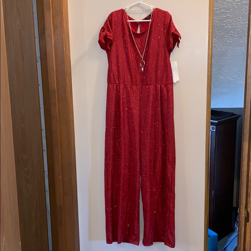 Sequin Hearts short sleeve red glitter jumpsuit
